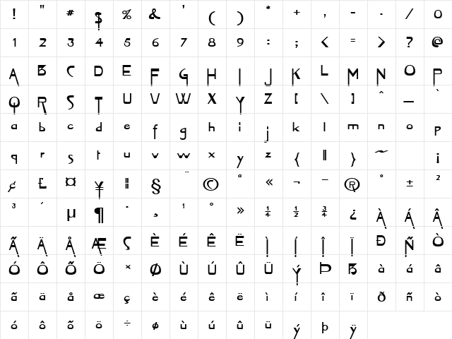 Tablet-Extended Bold  glyph index