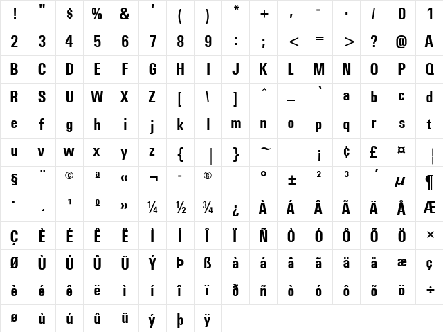 Utah Condensed Bold  glyph index