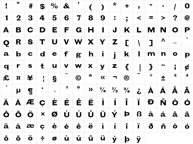 Grotesque MT Bold Extended  glyph index