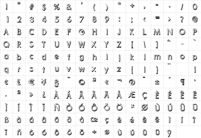 LiamBeckerShadow-Light Regular  glyph index