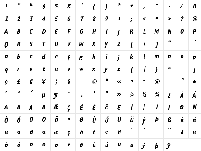 Tarzana Narrow Bold Italic Regular  glyph index