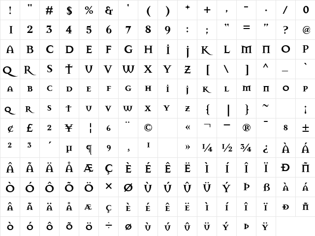 Manson Bold  glyph index