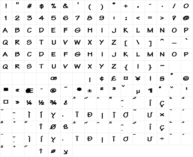 VNIcomic Regular  glyph index