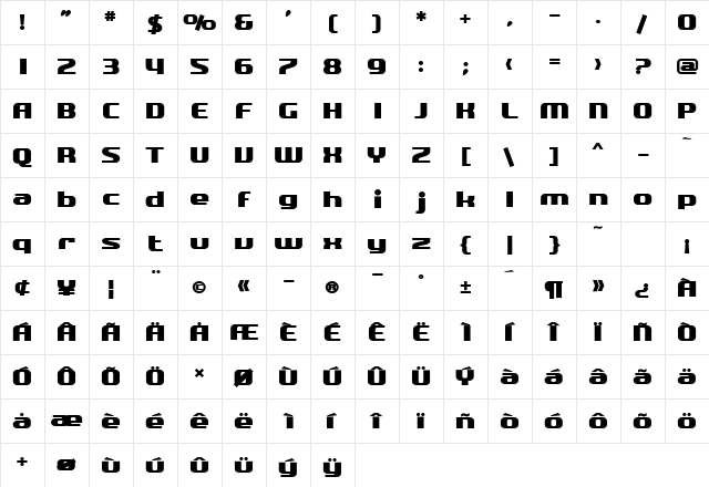 SF Quartzite Bold  glyph index