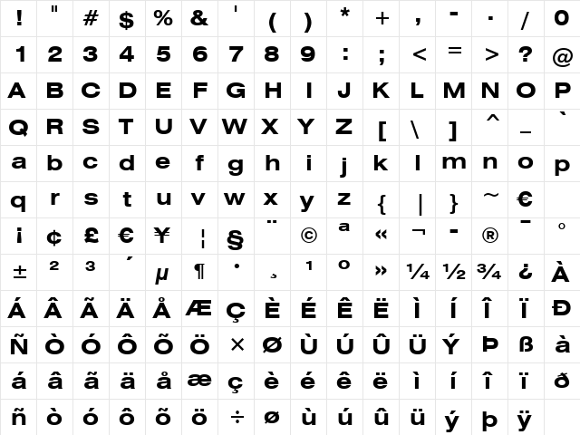 Swis721 Ex BT Bold  glyph index