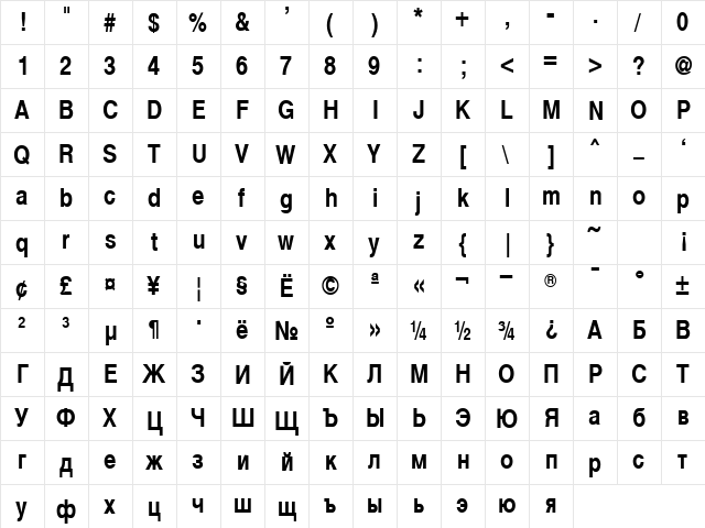 Cyrvetica-Narrow Bold  glyph index