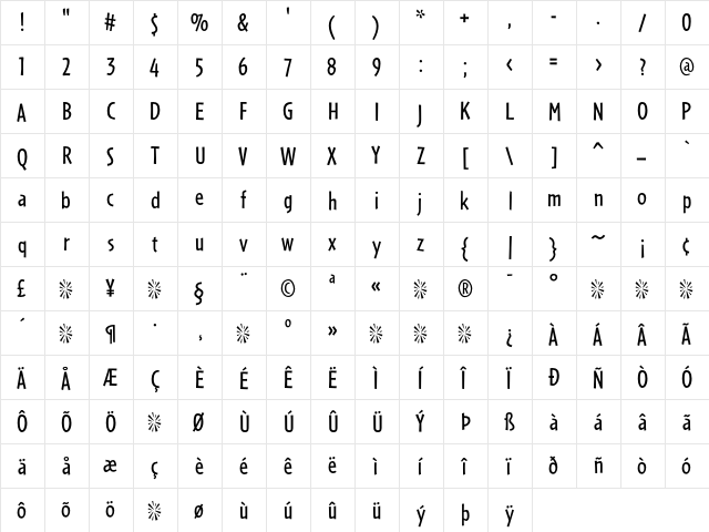 Cafeteria Regular  glyph index