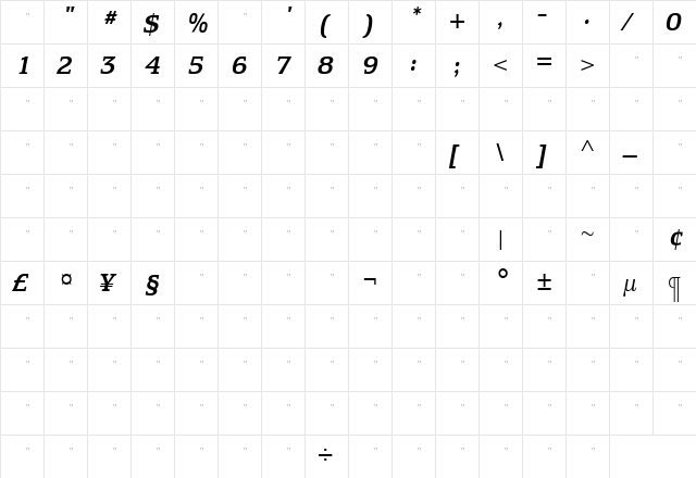 EquestrienneMediumItalicTab Roman  glyph index