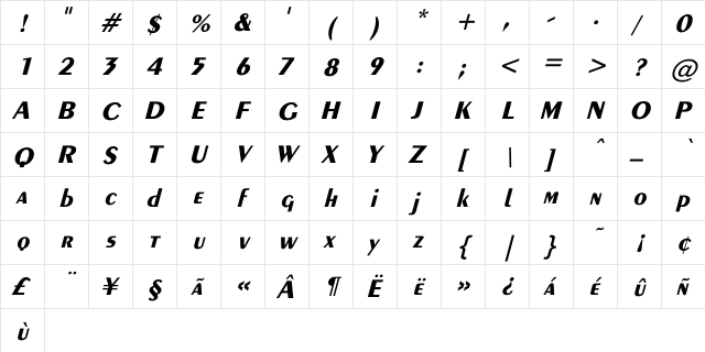Exotic-Bold Itlc Italic  glyph index
