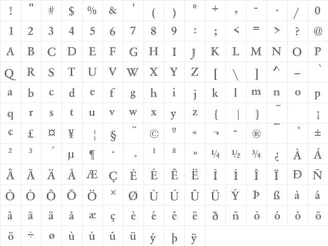 DTCGaramondM01 Regular  glyph index