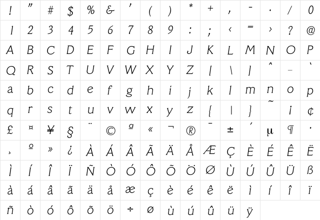 Veracruz-XlightIta Regular  glyph index