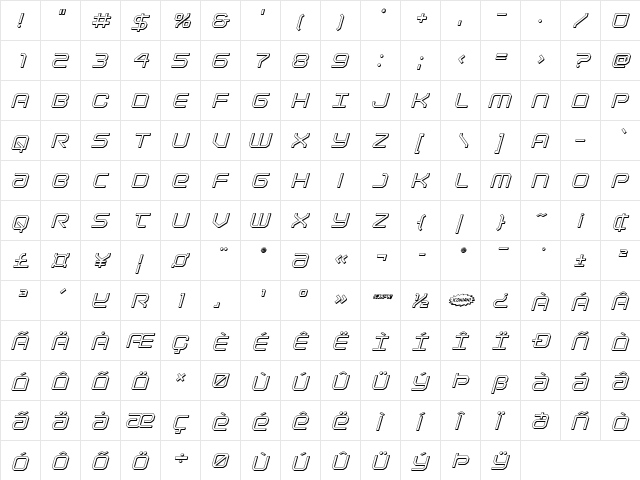 Light Brigade 3D Italic Italic  glyph index