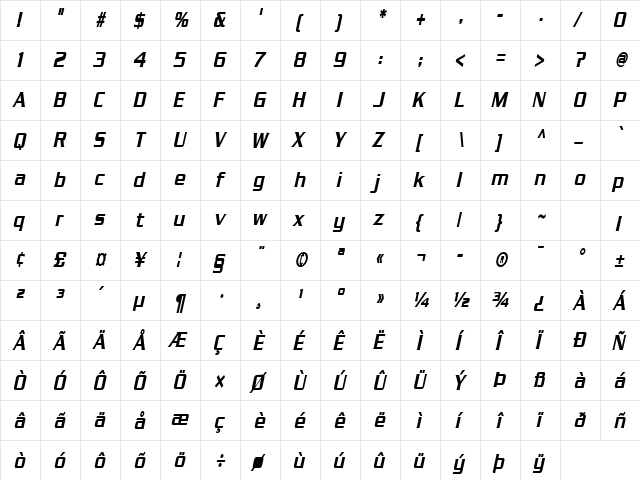 Chaney Thin BoldItalic  glyph index