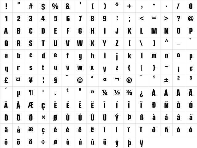 Eurostile Bold Condensed  glyph index