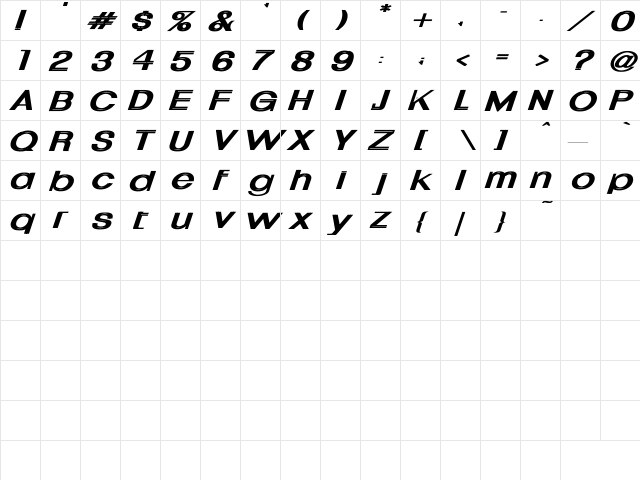 Uptight Wd Bold Italic Regular  glyph index