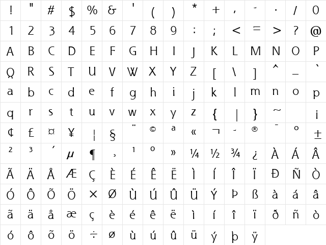 Misty Mountain 1 Regular  glyph index