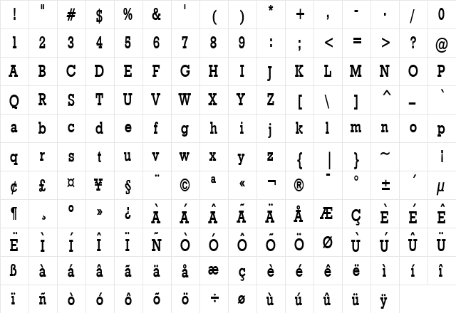 Geo 986 Thin Bold  glyph index
