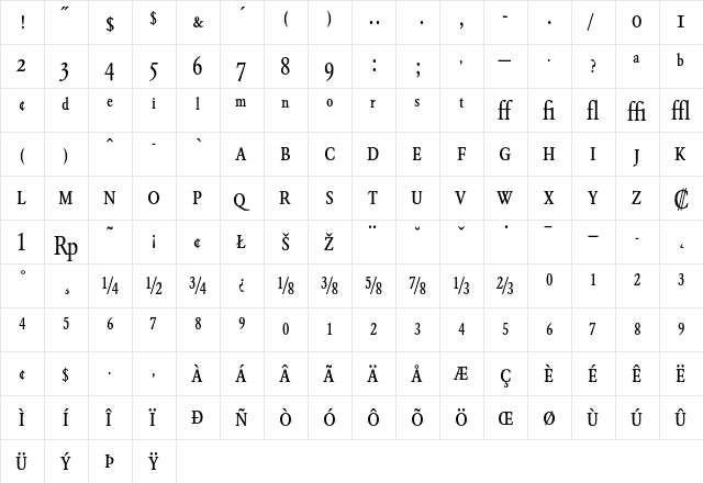 Garamond BE Condensed Expert  glyph index