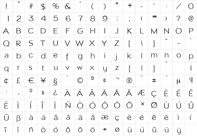 NapoliSerial-Light Regular  glyph index