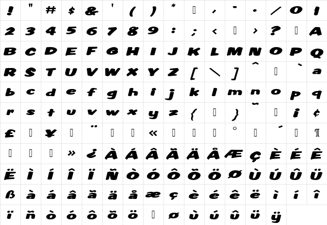 Boris Regular  glyph index