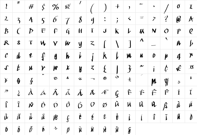 KleinKallig Regular  glyph index