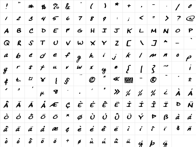 VansHand Bold Italic  glyph index