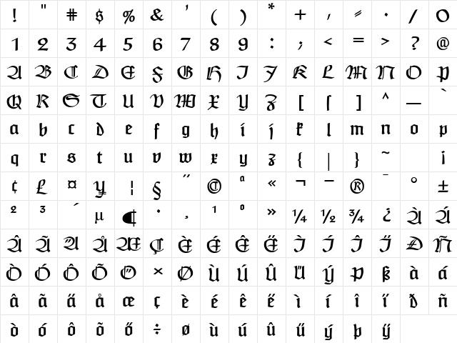 Claudius Regular  glyph index