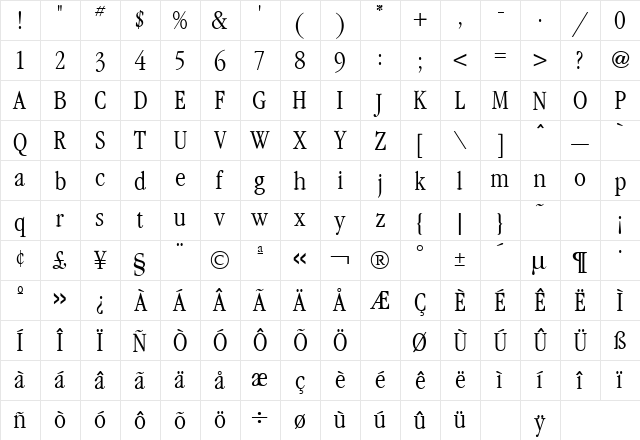 Garamond Condensed Light Regular  glyph index