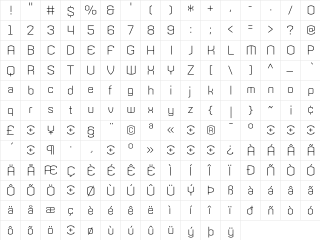 Armada Light  glyph index