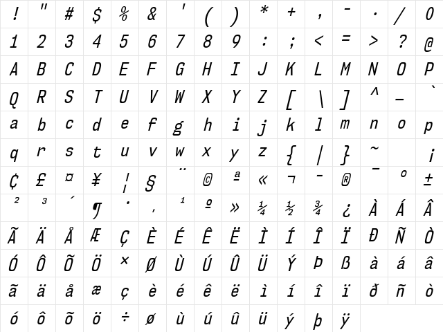 NK57 Monospace Condensed Italic  glyph index