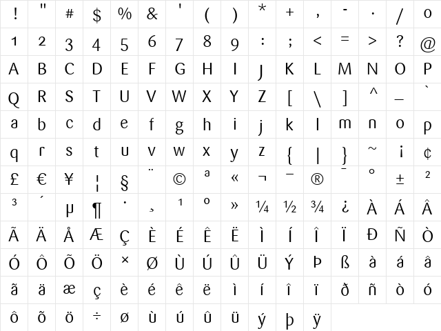 Sari Regular  glyph index