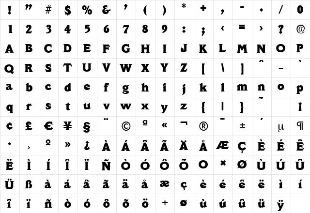 VeracruzSerial-Heavy Regular  glyph index