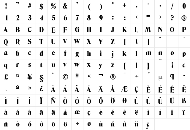 Denver-ExtraBold Regular  glyph index