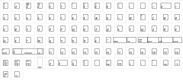 KeyFontRussian-Bold Regular  glyph index