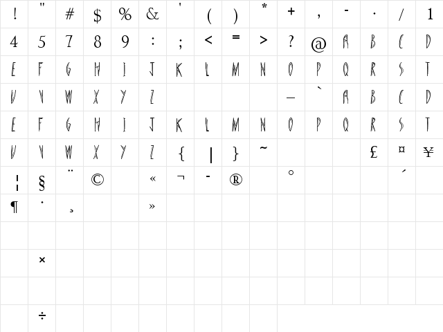 tall Regular  glyph index