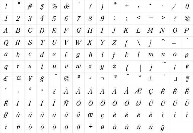 ClearfaceEF-RegularItalic Regular  glyph index