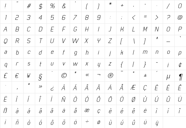 Mister Giacco Light Italic  glyph index