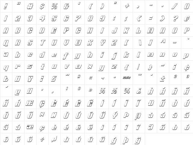 Voortrekker 3D Condensed Italic Condensed Italic  glyph index