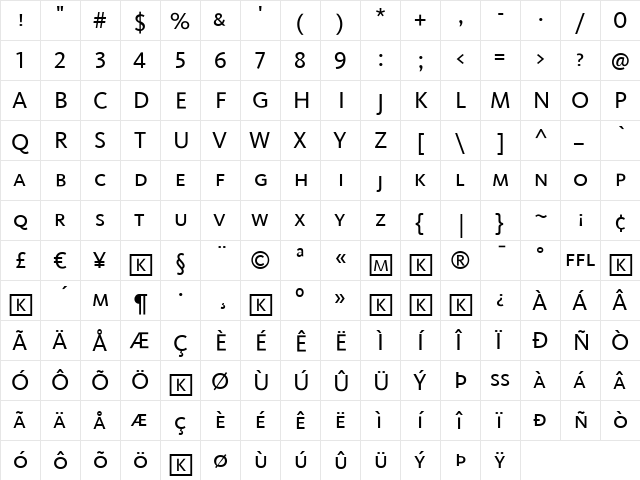 Kievit Regular  glyph index