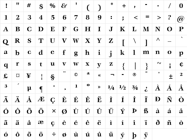 Veljovic LT Book Bold  glyph index