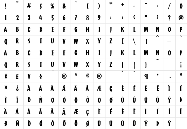 Aardvark FB Regular  glyph index