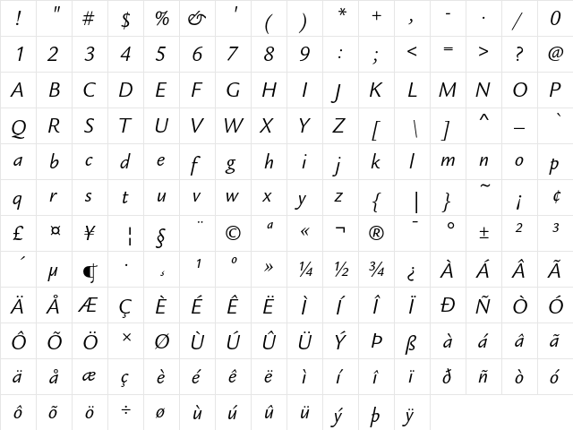 ITC Legacy Sans Book Italic  glyph index