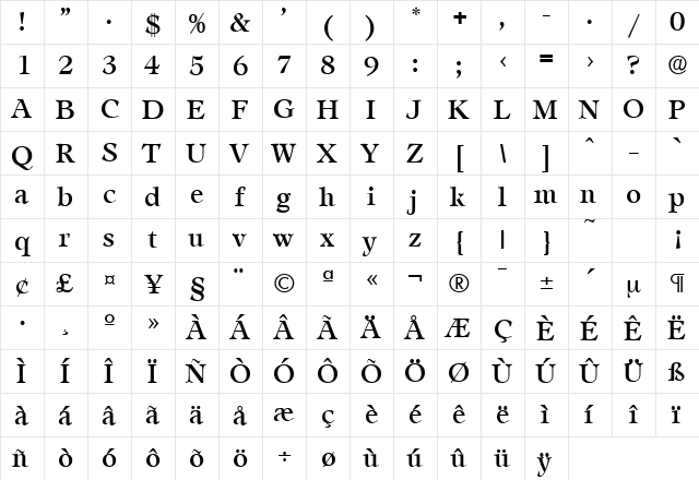 Leamington-Serial Regular  glyph index