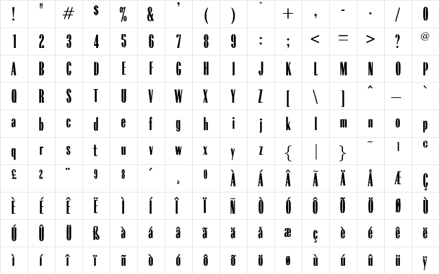 OPTIRadiant Regular  glyph index