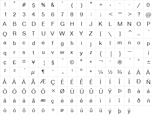 Folio Light  glyph index