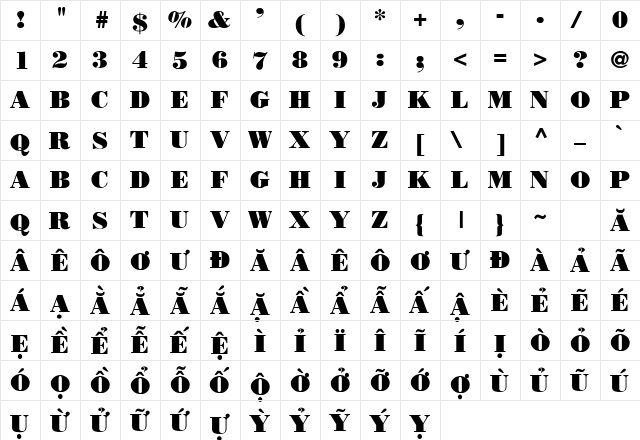 .VnBodoniH Regular  glyph index