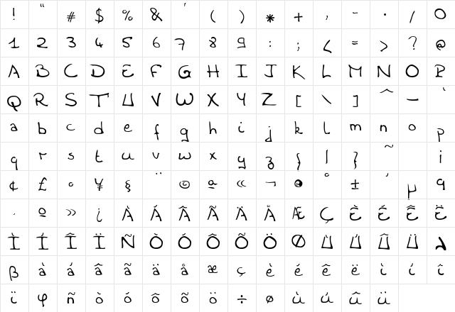 Woste Regular  glyph index
