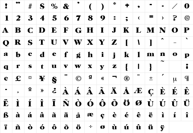 Horsham-Serial-ExtraBold Regular  glyph index