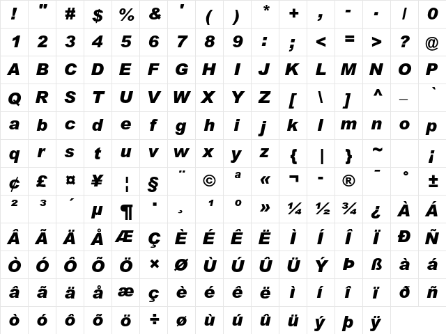 Arial MT Std Black Italic  glyph index