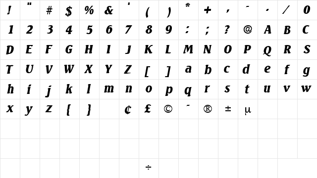 VarioDisplaySSK Italic  glyph index